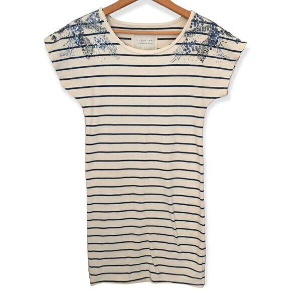 Y2K Fitted T Shirt Dress S Sequins Embellished Striped Stretch 90s Artsy Bohemia - Picture 2 of 16